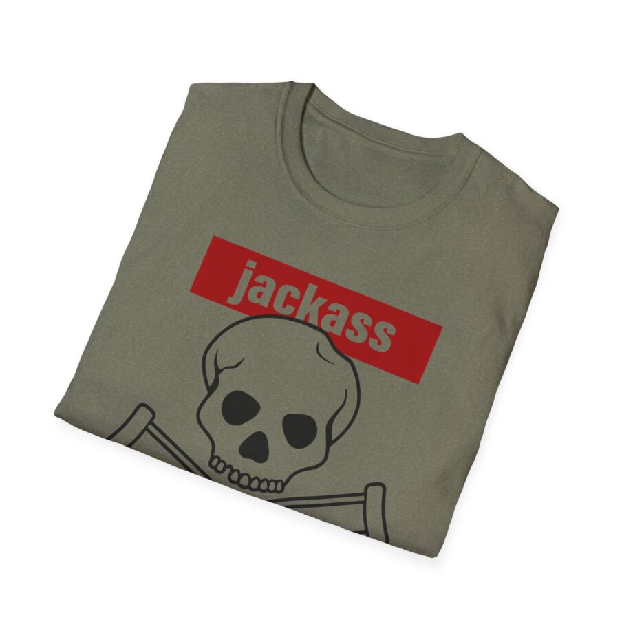 Jackass Forever Red Skull and Crutches Warning Logo Raglan Unisex Softstyle T-Shirt