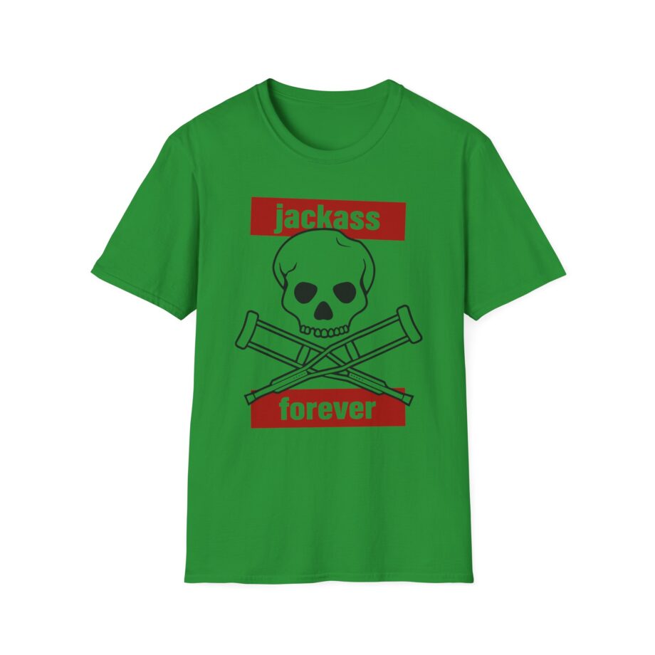Jackass Forever Red Skull and Crutches Warning Logo Raglan Unisex Softstyle T-Shirt