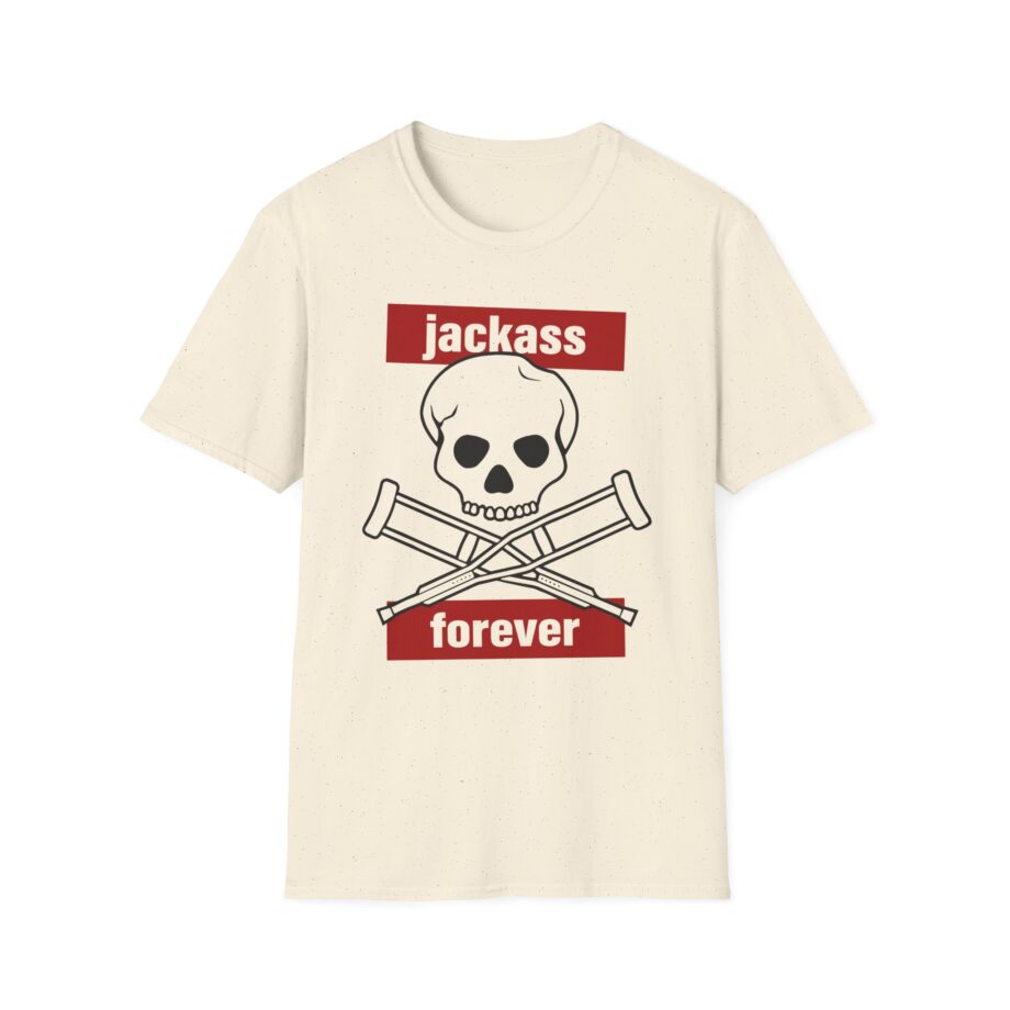 Jackass Forever Red Skull and Crutches Warning Logo Raglan Unisex Softstyle T-Shirt