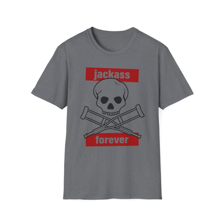 Jackass Forever Red Skull and Crutches Warning Logo Raglan Unisex Softstyle T-Shirt