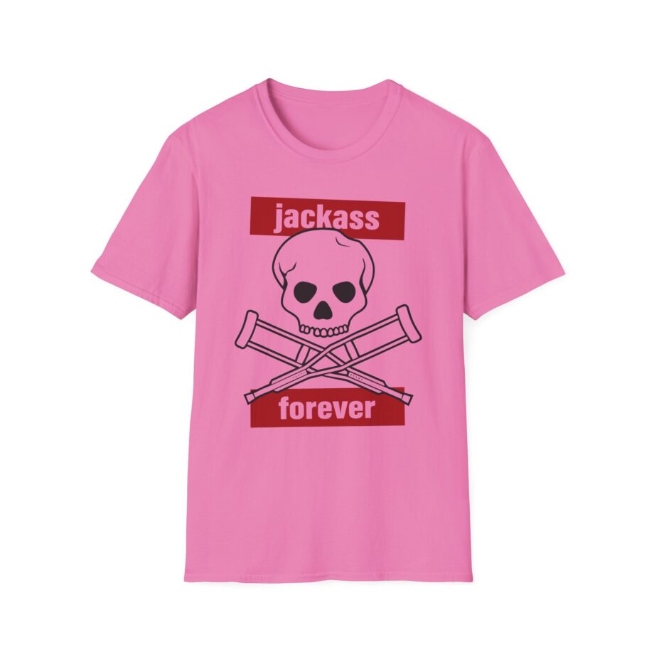 Jackass Forever Red Skull and Crutches Warning Logo Raglan Unisex Softstyle T-Shirt