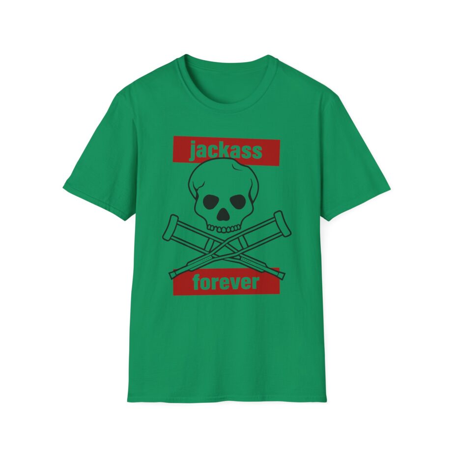 Jackass Forever Red Skull and Crutches Warning Logo Raglan Unisex Softstyle T-Shirt