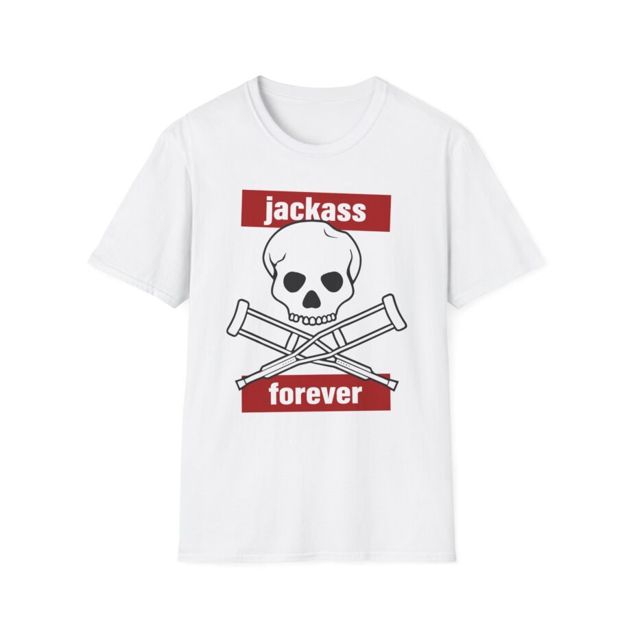 Jackass Forever Red Skull and Crutches Warning Logo Raglan Unisex Softstyle T-Shirt