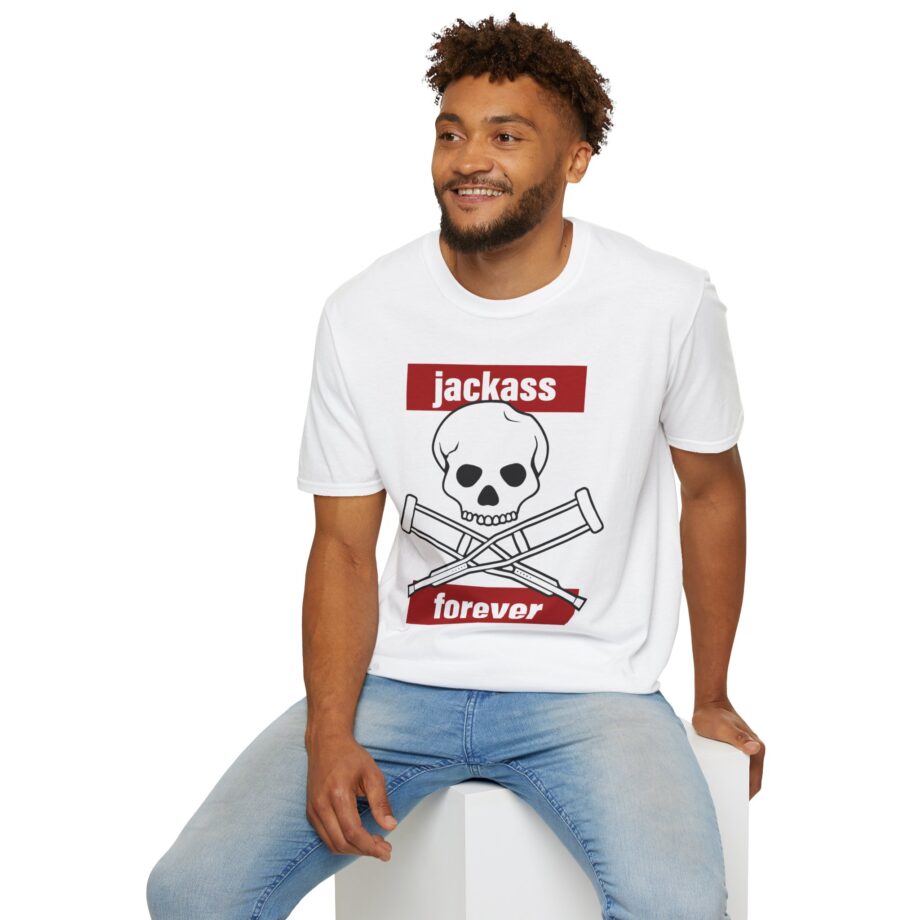 Jackass Forever Red Skull and Crutches Warning Logo Raglan Unisex Softstyle T-Shirt