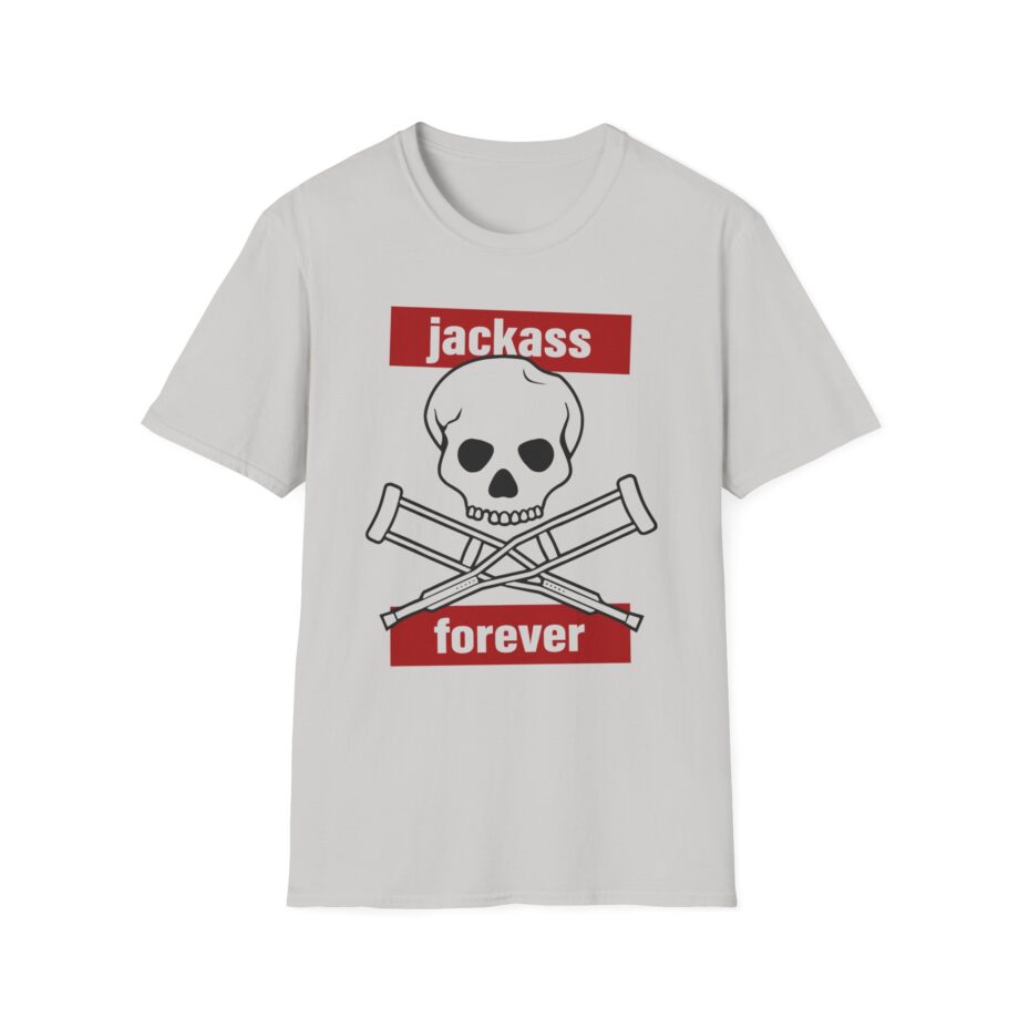 Jackass Forever Red Skull and Crutches Warning Logo Raglan Unisex Softstyle T-Shirt