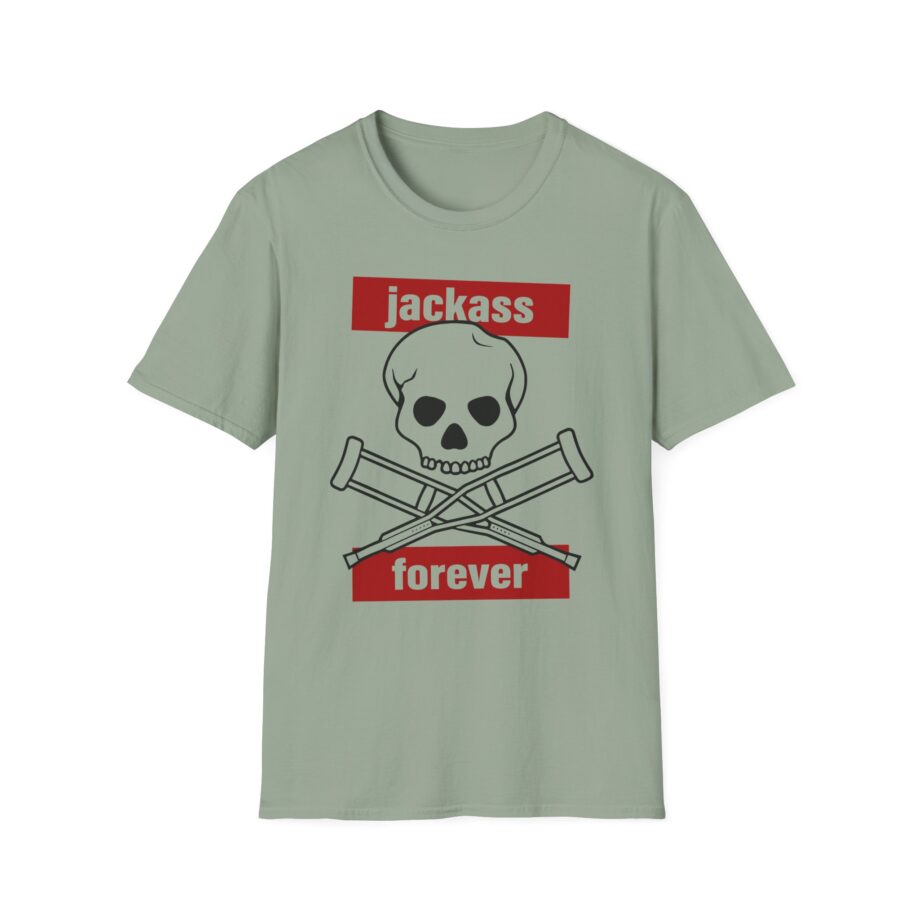 Jackass Forever Red Skull and Crutches Warning Logo Raglan Unisex Softstyle T-Shirt