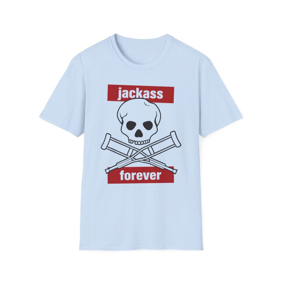 Jackass Forever Red Skull and Crutches Warning Logo Raglan Unisex Softstyle T-Shirt
