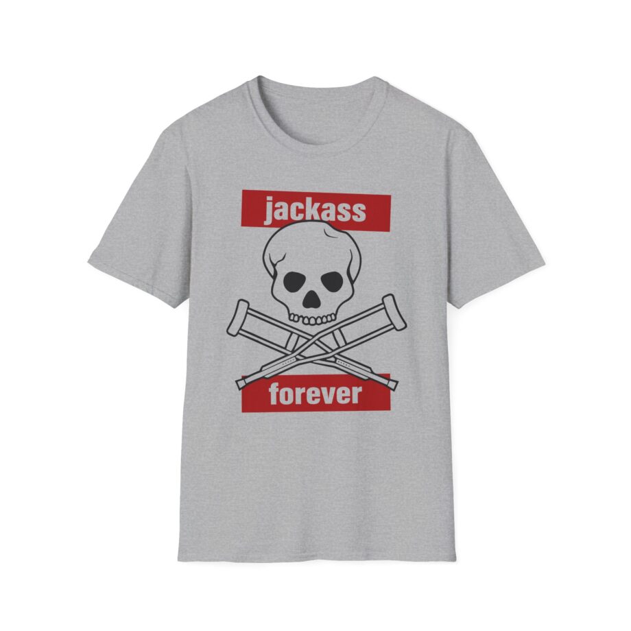 Jackass Forever Red Skull and Crutches Warning Logo Raglan Unisex Softstyle T-Shirt