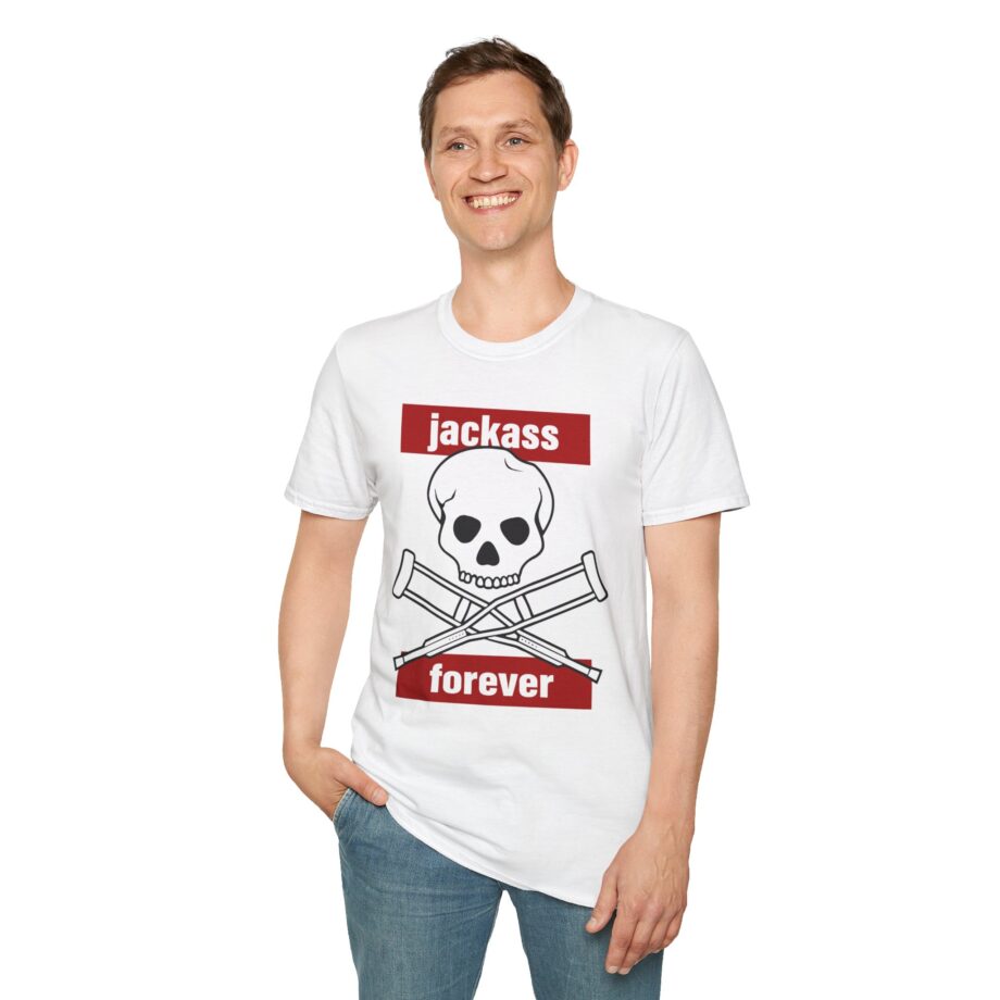 Jackass Forever Red Skull and Crutches Warning Logo Raglan Unisex Softstyle T-Shirt