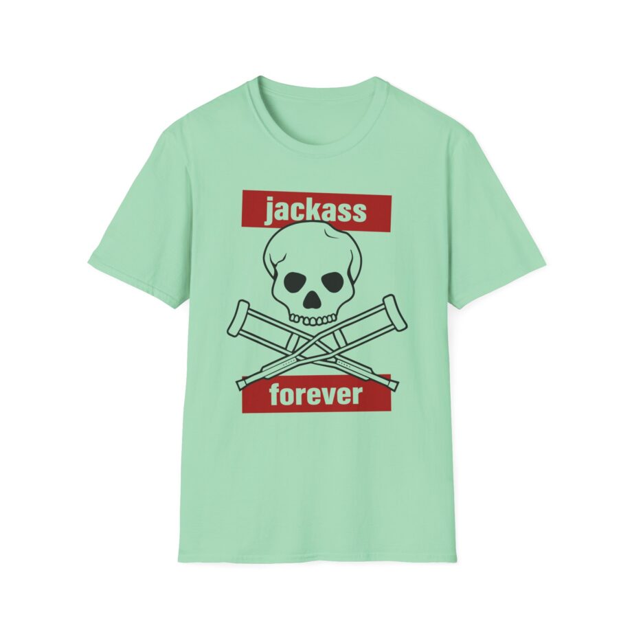 Jackass Forever Red Skull and Crutches Warning Logo Raglan Unisex Softstyle T-Shirt