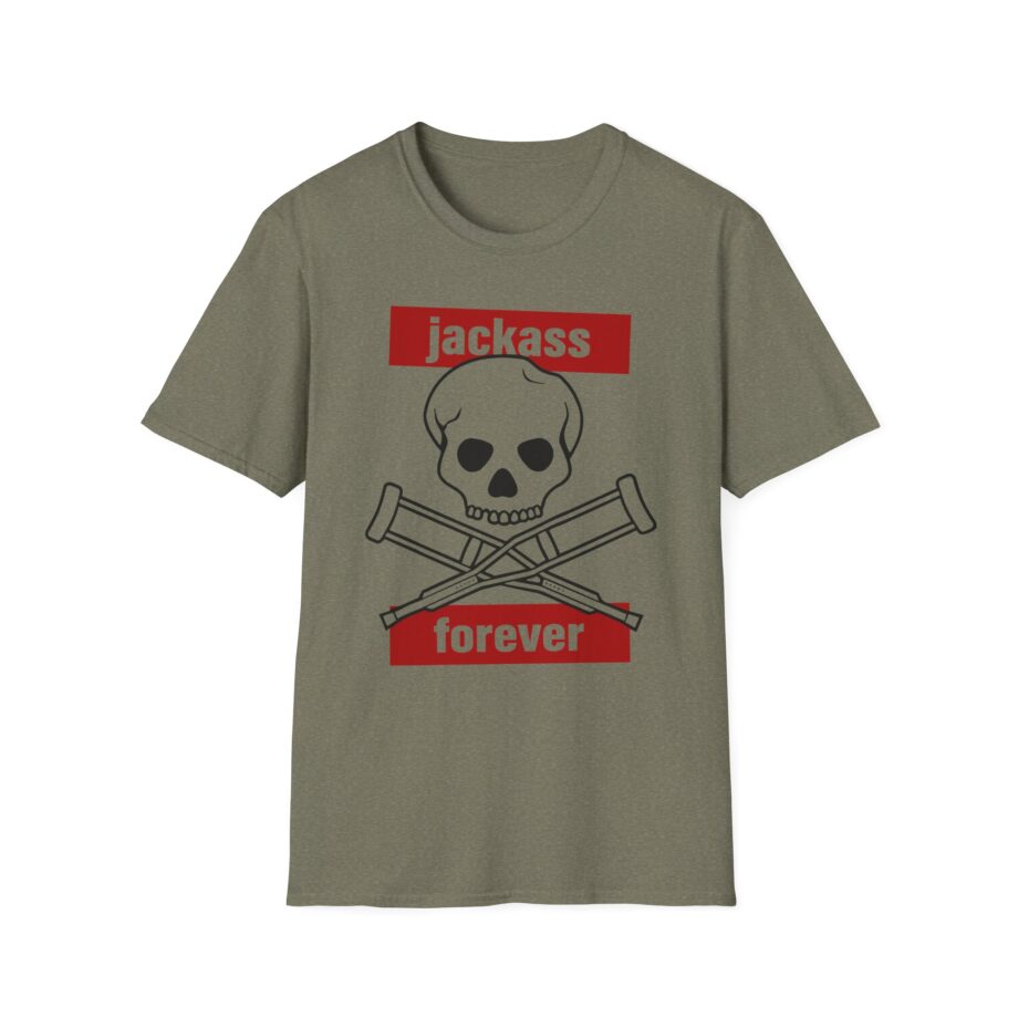 Jackass Forever Red Skull and Crutches Warning Logo Raglan Unisex Softstyle T-Shirt