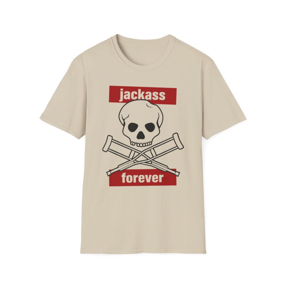 Jackass Forever Red Skull and Crutches Warning Logo Raglan Unisex Softstyle T-Shirt