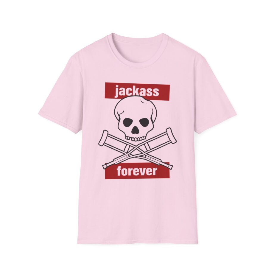 Jackass Forever Red Skull and Crutches Warning Logo Raglan Unisex Softstyle T-Shirt