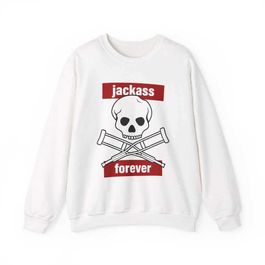 Jackass Forever Red Skull and Crutches Warning Logo Raglan Unisex Heavy Blend™ Crewneck Sweatshirt