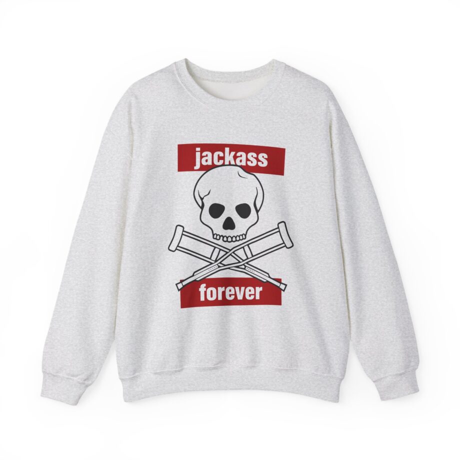Jackass Forever Red Skull and Crutches Warning Logo Raglan Unisex Heavy Blend™ Crewneck Sweatshirt