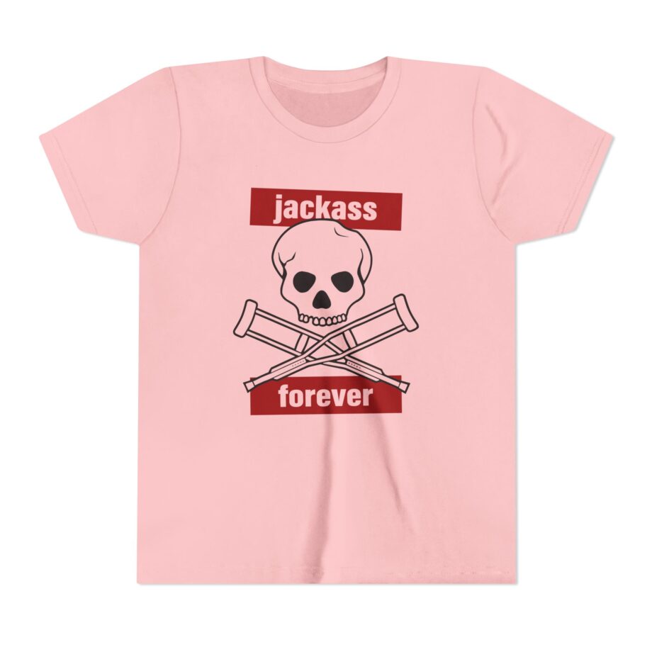 Jackass Forever Red Skull and Crutches Warning Logo Raglan Youth Short Sleeve Tee
