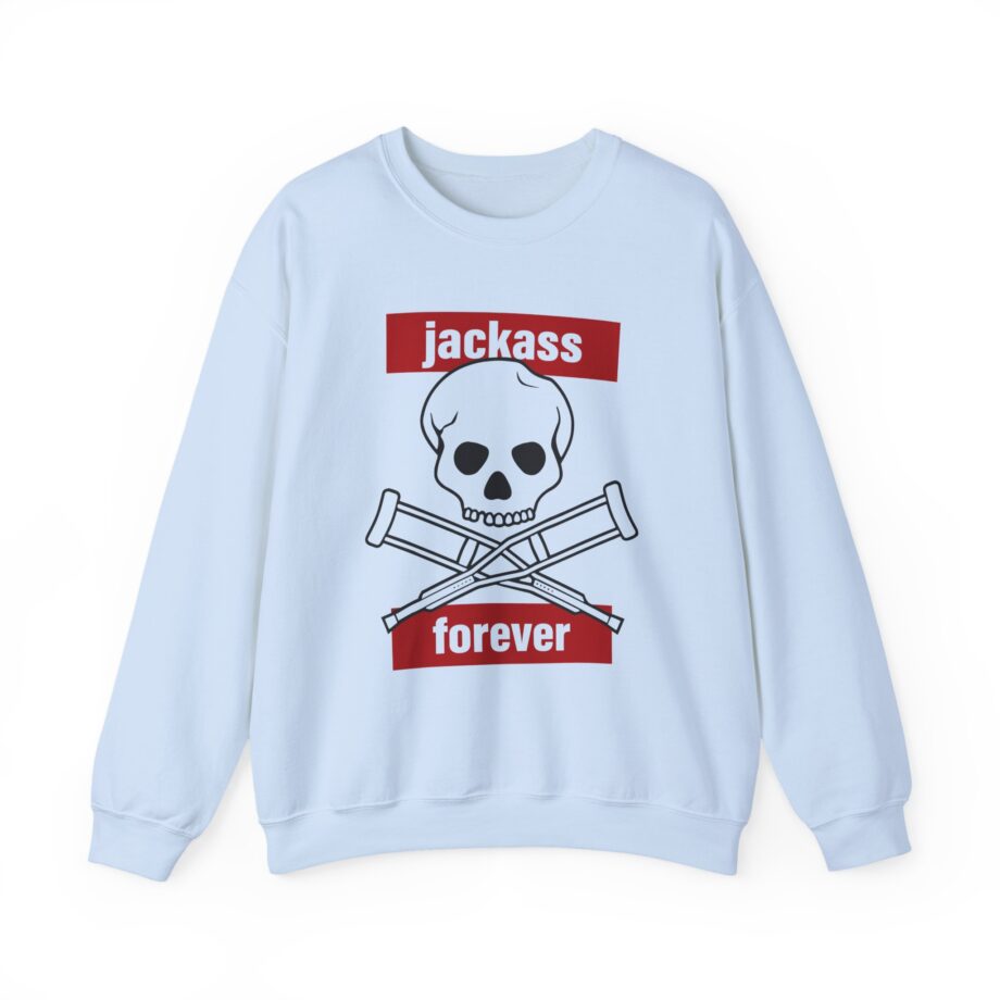 Jackass Forever Red Skull and Crutches Warning Logo Raglan Unisex Heavy Blend™ Crewneck Sweatshirt