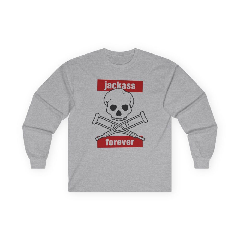 Jackass Forever Red Skull and Crutches Warning Logo Raglan Unisex Ultra Cotton Long Sleeve Tee