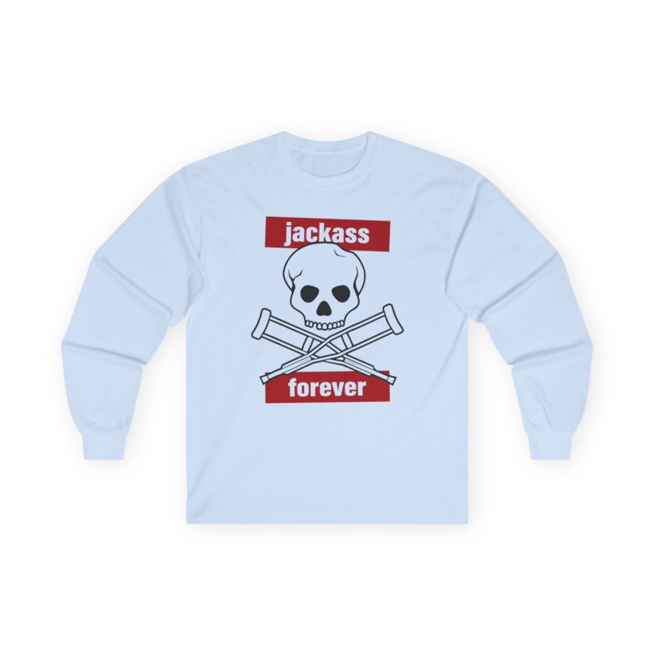 Jackass Forever Red Skull and Crutches Warning Logo Raglan Unisex Ultra Cotton Long Sleeve Tee