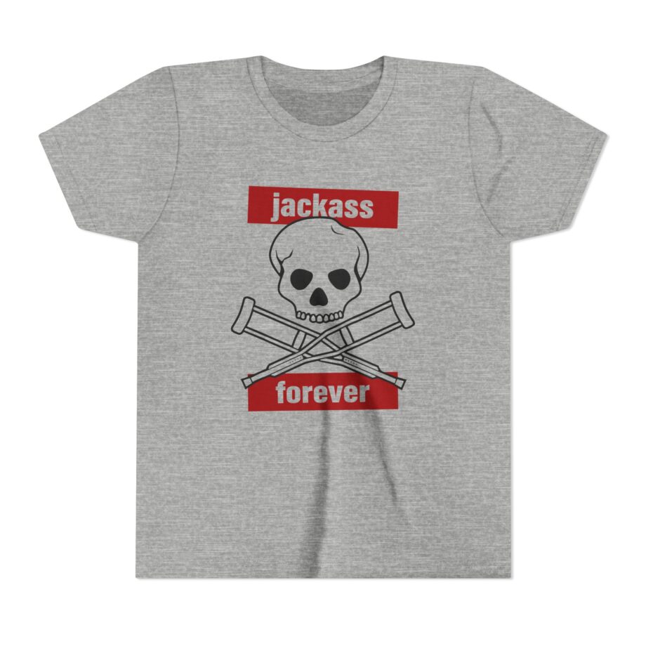 Jackass Forever Red Skull and Crutches Warning Logo Raglan Youth Short Sleeve Tee