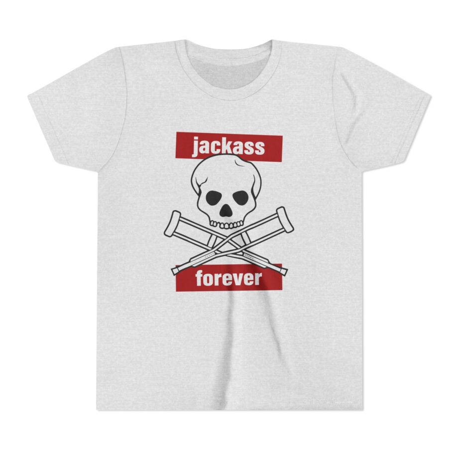 Jackass Forever Red Skull and Crutches Warning Logo Raglan Youth Short Sleeve Tee