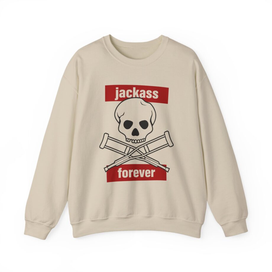 Jackass Forever Red Skull and Crutches Warning Logo Raglan Unisex Heavy Blend™ Crewneck Sweatshirt
