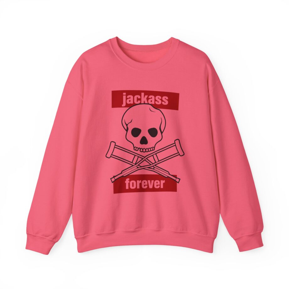 Jackass Forever Red Skull and Crutches Warning Logo Raglan Unisex Heavy Blend™ Crewneck Sweatshirt