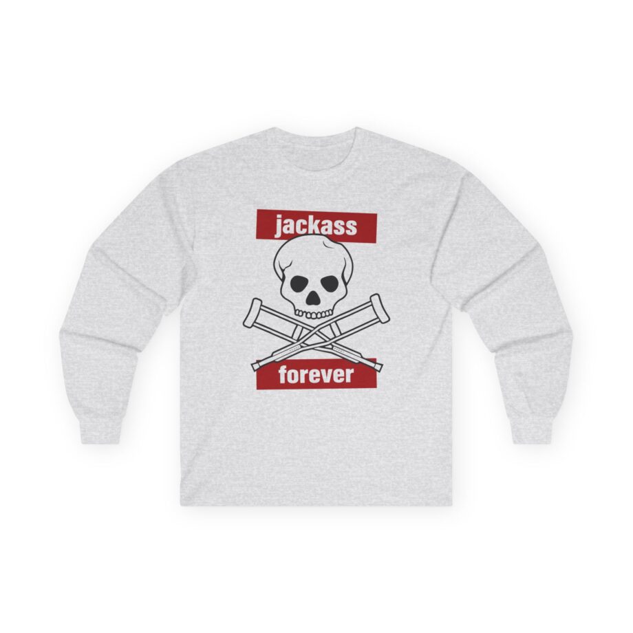 Jackass Forever Red Skull and Crutches Warning Logo Raglan Unisex Ultra Cotton Long Sleeve Tee