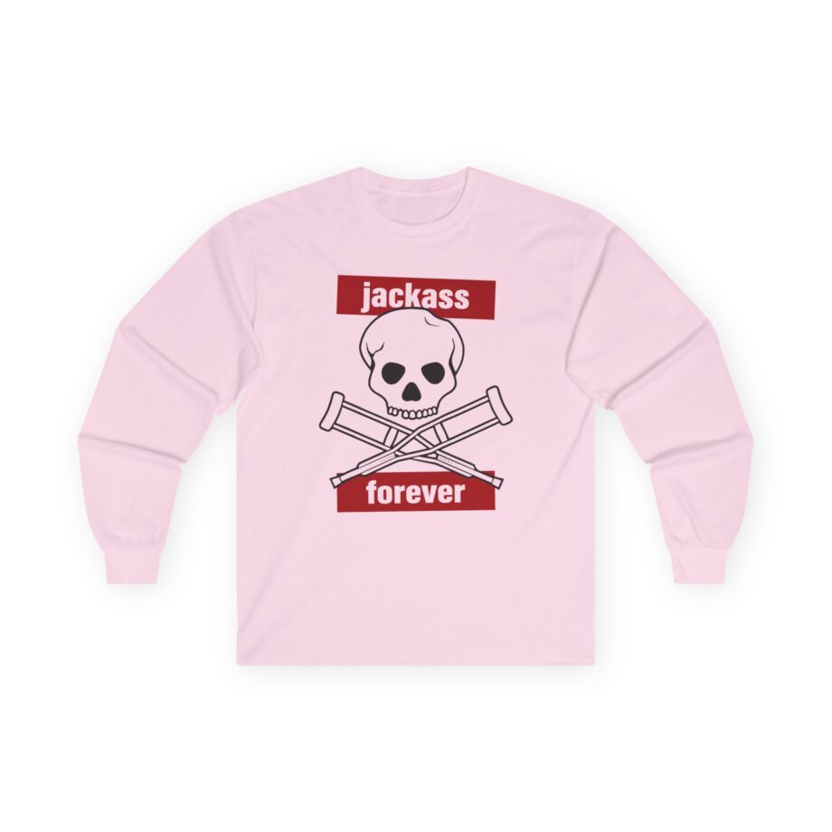 Jackass Forever Red Skull and Crutches Warning Logo Raglan Unisex Ultra Cotton Long Sleeve Tee