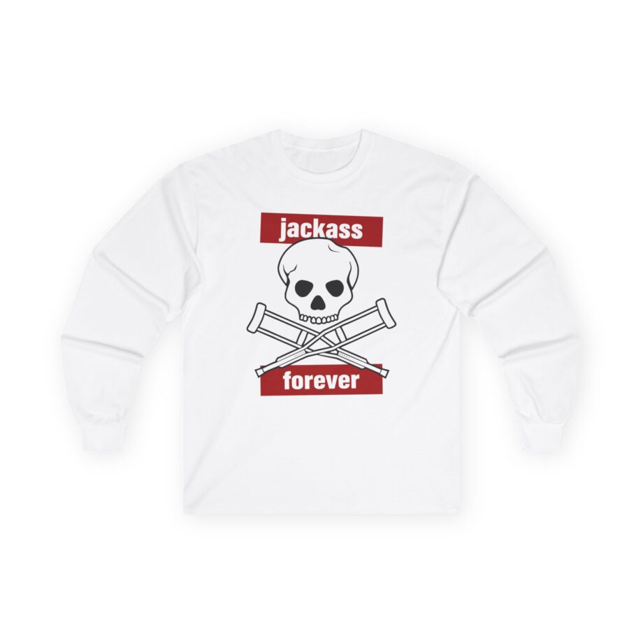 Jackass Forever Red Skull and Crutches Warning Logo Raglan Unisex Ultra Cotton Long Sleeve Tee