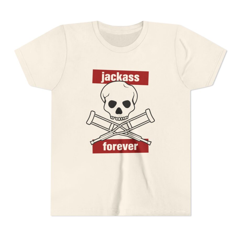 Jackass Forever Red Skull and Crutches Warning Logo Raglan Youth Short Sleeve Tee