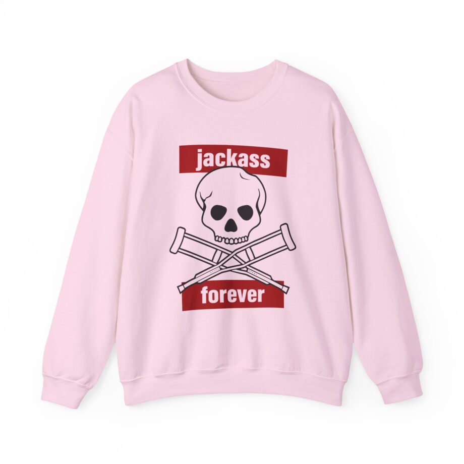 Jackass Forever Red Skull and Crutches Warning Logo Raglan Unisex Heavy Blend™ Crewneck Sweatshirt