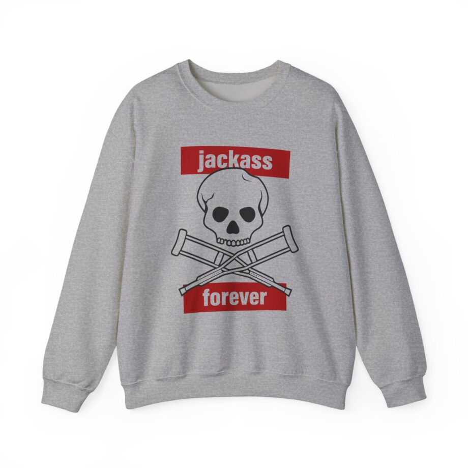 Jackass Forever Red Skull and Crutches Warning Logo Raglan Unisex Heavy Blend™ Crewneck Sweatshirt