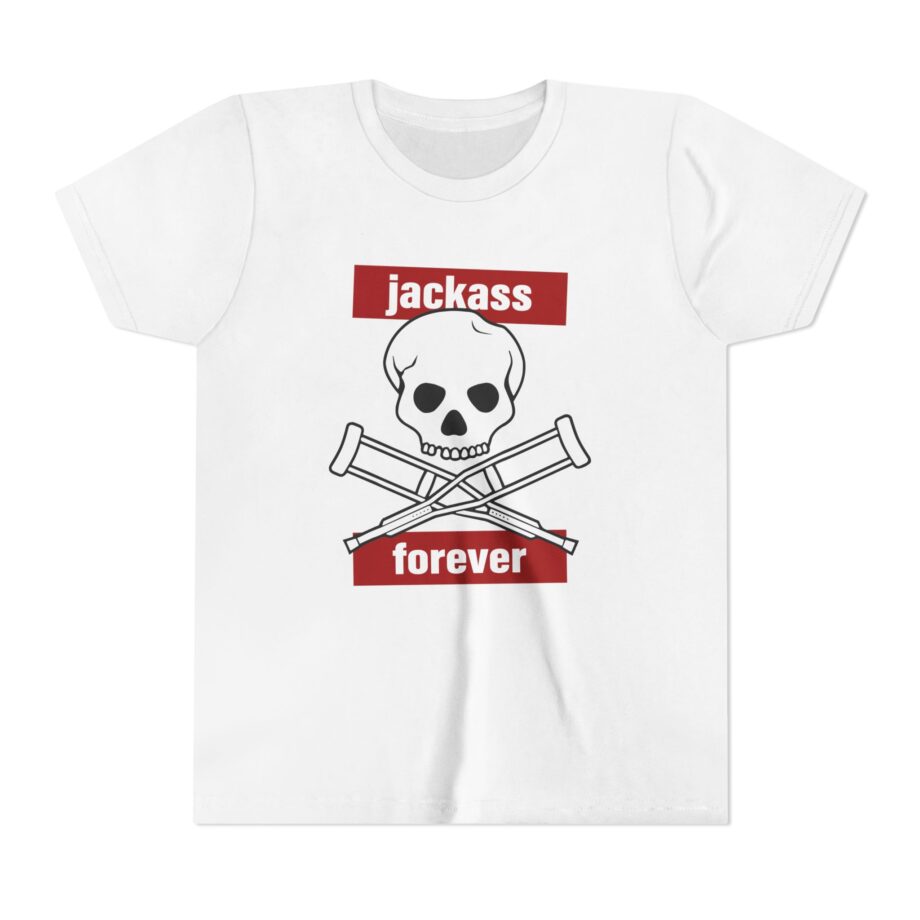 Jackass Forever Red Skull and Crutches Warning Logo Raglan Youth Short Sleeve Tee