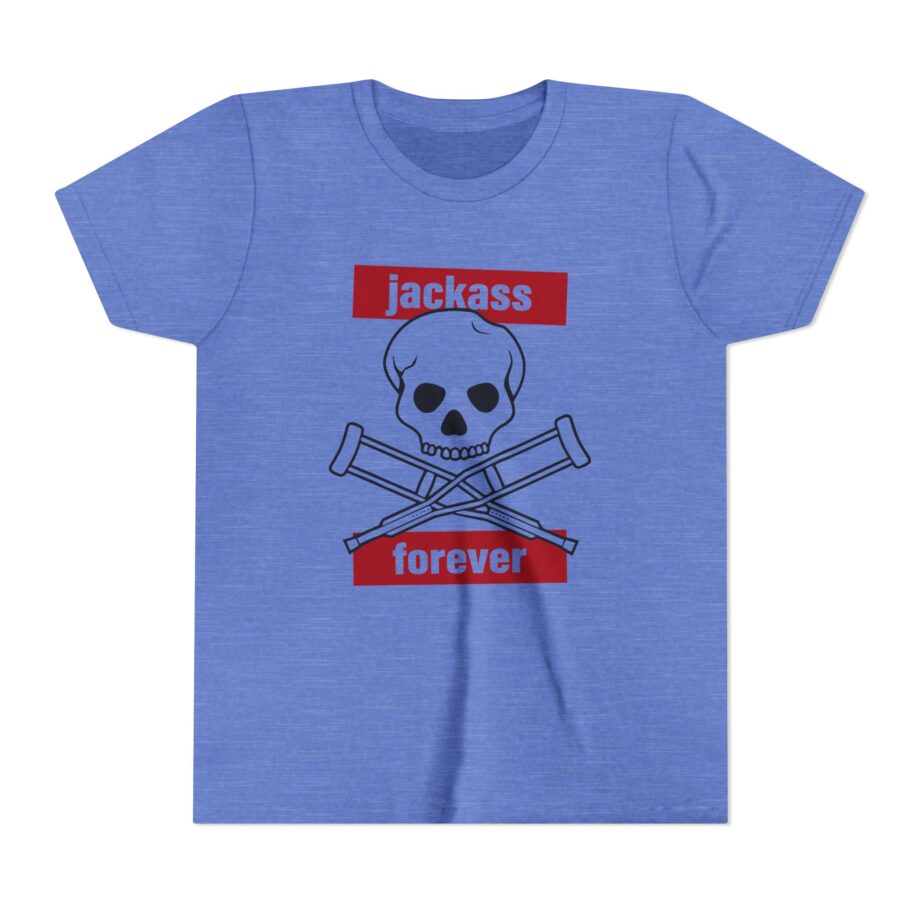 Jackass Forever Red Skull and Crutches Warning Logo Raglan Youth Short Sleeve Tee